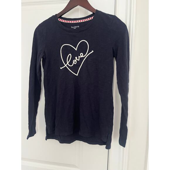 Talbots women’s crewneck top Sz. S Petite navy heart embroidery NWOT - Picture 2 of 9